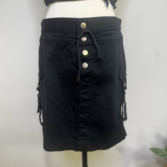 Vintage 90s Y2K Black Cotton Cargo Mini Skirt Ruched Snap Up Grunge Indie Goth 3 - Picture 2 of 7